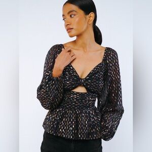 CIEBON Geena Metallic Navy Chiffon Knot Front Long Sleeve Peplum Top XS